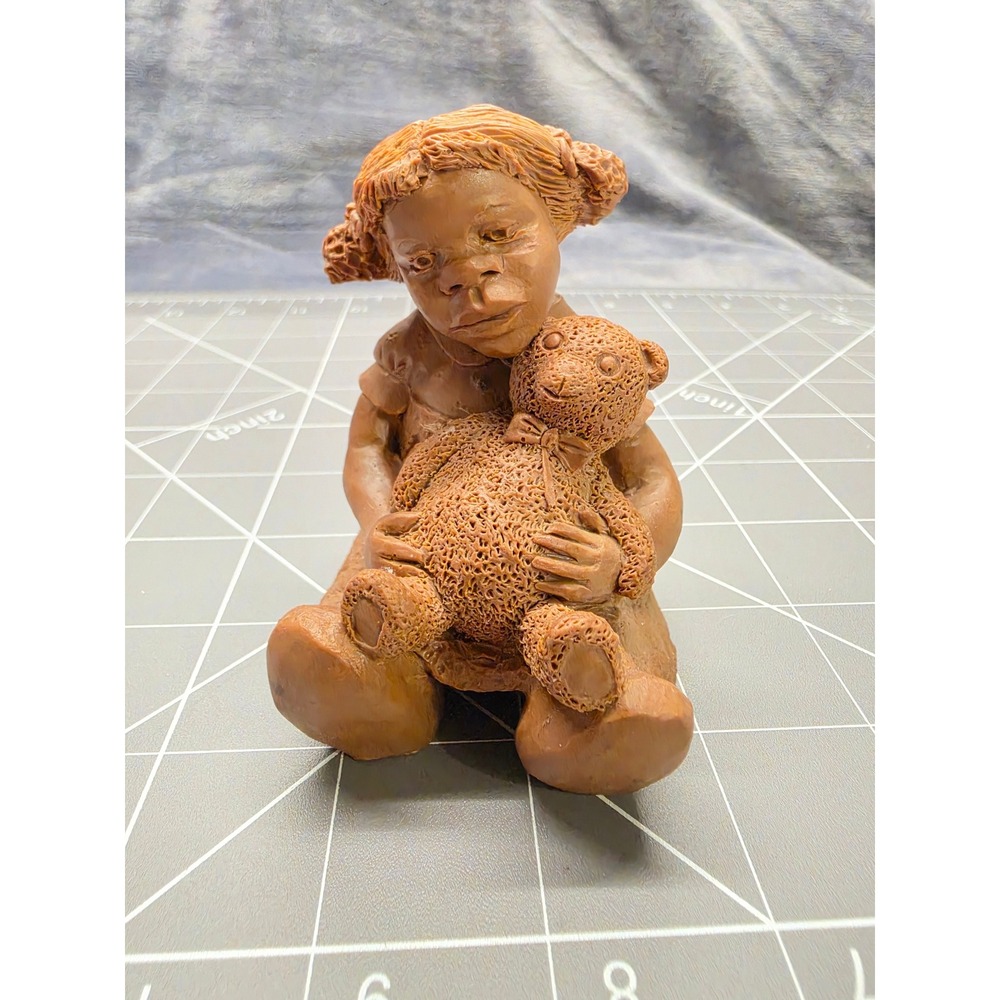 Vintage JP 90 Girl Hugging Teddy Bear Figurine Brown Resin Clay Style 1990